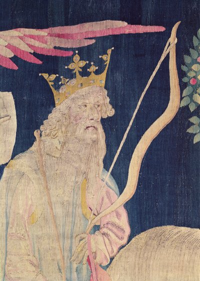 Detail of the rider of the white horse, from the Apocalypse Tapestry of Angers by Nicolas Bataille